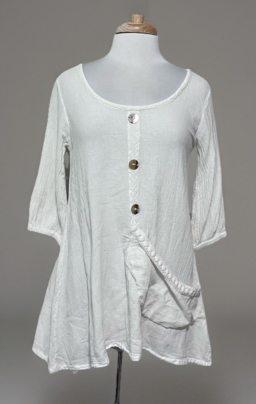 Cottonways White Gauze Lagenlook Tunic Top Womens Small Coastal Boho Breezy